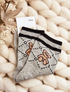 Wzorzyste Skarpety Damskie Z Misiem Szare