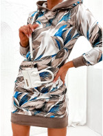 Cappuccino velúrové šaty s kapucňou a listovým vzorom (8250)