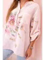 Dámská blůza z bavlny s květinovým vzorem a knoflíky pudrově růžová
