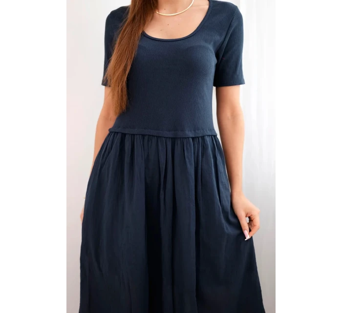 Dámske bavlnené midi šaty s krátkymi rukávmi a rozšíreným spodným dielom tmavomodré