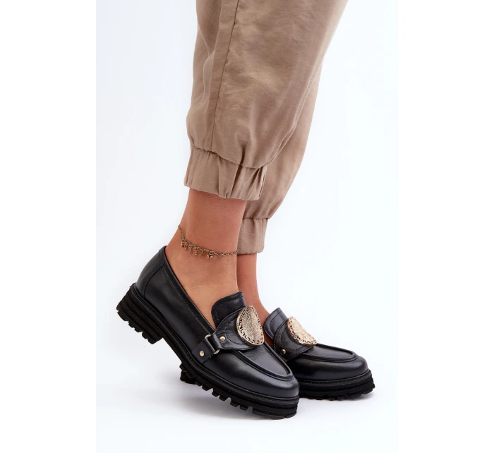 Zazoo 3485 Mokasyny Damskie Ze Złotą Ozdobą Skóra Naturalna