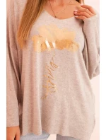 Dámska viskózna blúzka s dlhými rukávmi a zlatou kvetinovou potlačou béžovej farby