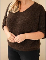 Dámský svetr Plus Size s výstřihem do V a širokým rukávem hnědý