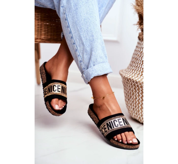 Klapki Na Korku Z Cyrkoniami Czarno-Złote Be Nice