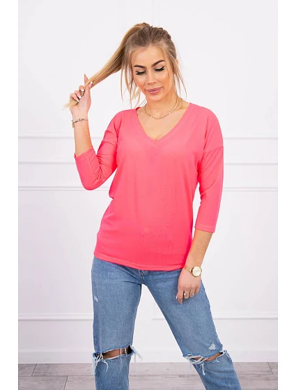 Halenka s výstřihem do V růžová neonová