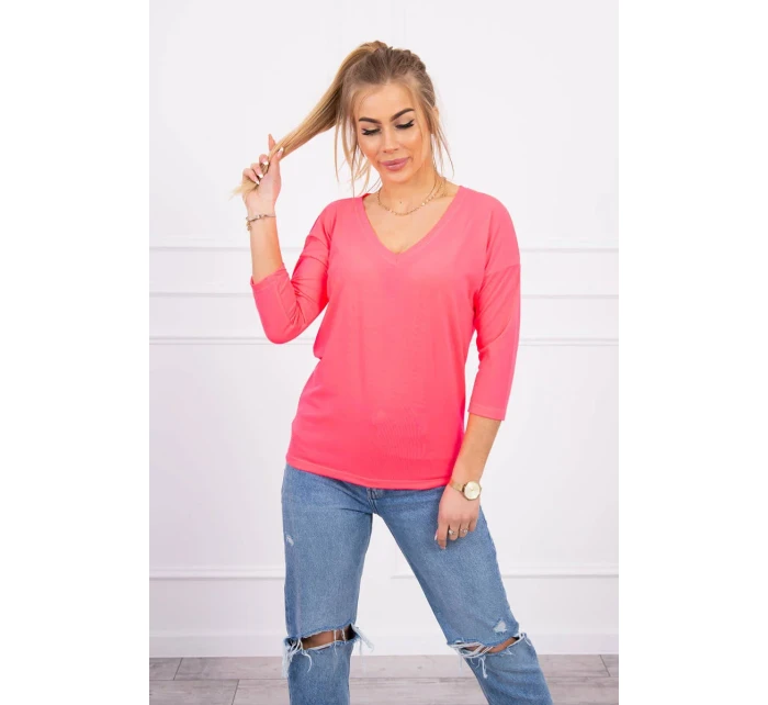 Halenka s výstřihem do V růžová neonová Halenka s výstřihem do V růžová neonová