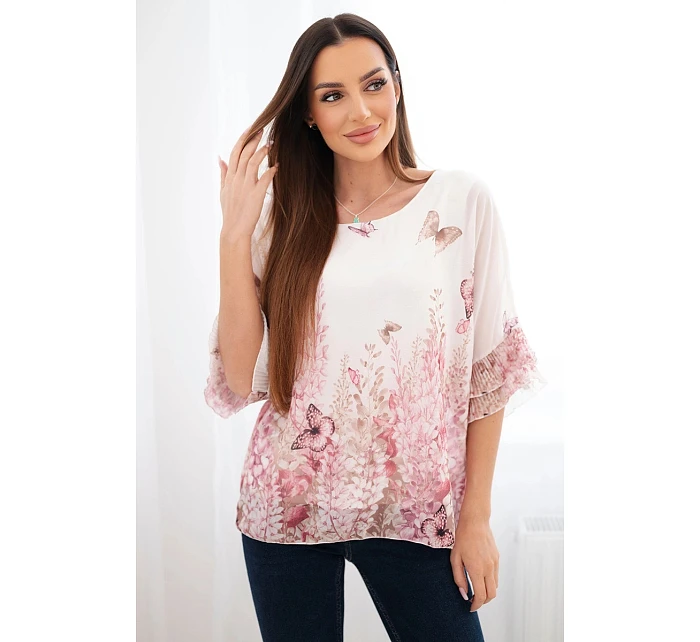 Dámska blúzka s plisovanými rukávmi a ružovou potlačou