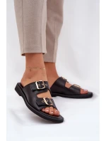 Skórzane Płaskie Klapki Z Klamrami Zazoo 3020 Czarne