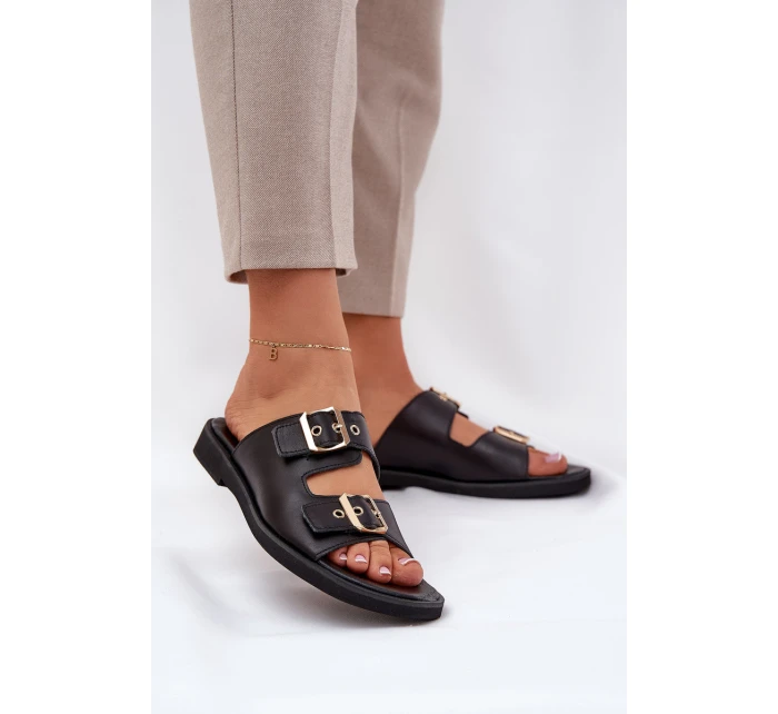 Skórzane Płaskie Klapki Z Klamrami Zazoo 3020 Czarne