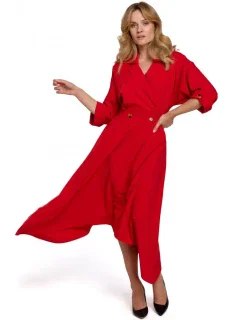 K086 Midi šaty s ozdobnými gombíkmi - červené