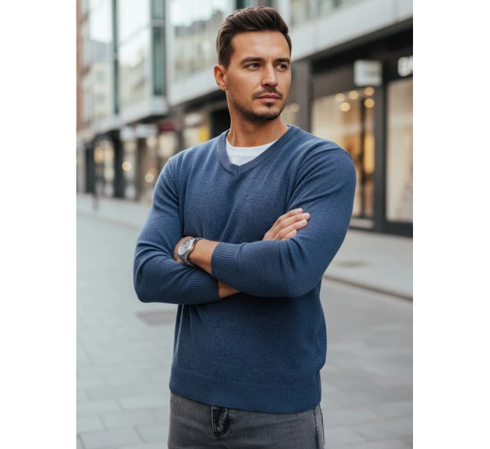 Pánsky modrý sveter s výstrihom do V FashionStreet WX2317