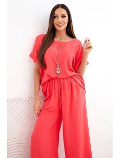 Dámsky viskózový set blúzky s krátkym rukávom a širokých nohavíc malinová