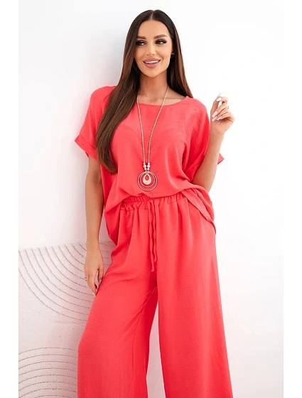 Dámsky viskózový set blúzky s krátkym rukávom a širokých nohavíc malinová