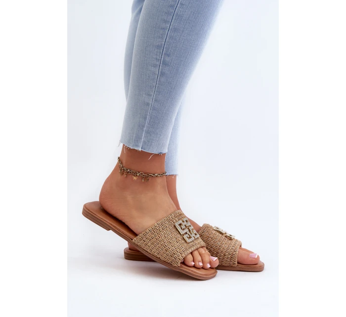 Ploché Dámské Žabky S Pletením a Ozdobou Beige model 21657867 - EVENTO