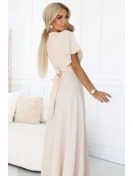 581-6 JENNIFER dlhé šaty s rozparkom na nohách, rukávmi a výstrihom - BEACH