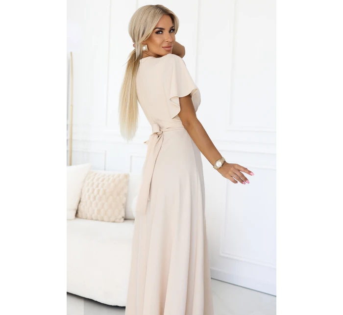 581-6 JENNIFER dlhé šaty s rozparkom na nohách, rukávmi a výstrihom - BEACH