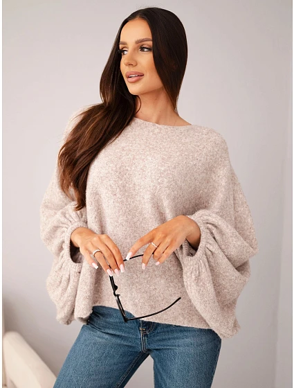 Svetr dámský s přídavkem model 22540756 oversize béžový melír - K-Fashion Svetr dámský s přídavkem model 22540756 oversize béžový melír - K-Fashion