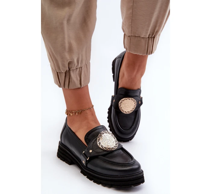 Zazoo 3485 Mokasyny Damskie Ze Złotą Ozdobą Skóra Naturalna