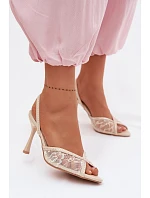 Dámské sandály na podpatku s krajkou a ozdobami Béžové model 22103152 - Boto