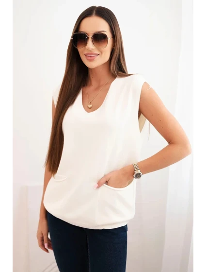 Dámsky viskózový sveter bez rukávov s vreckami a véčkovým výstrihom ecru