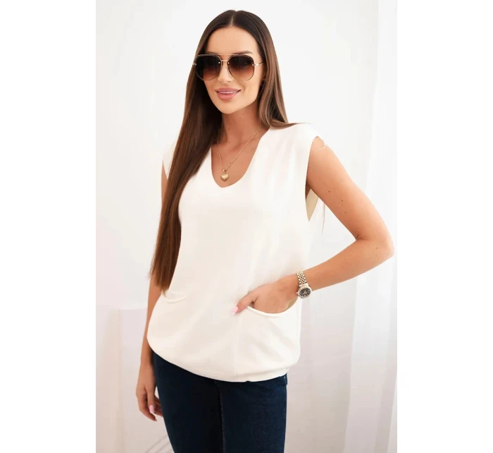 Dámsky viskózový sveter bez rukávov s vreckami a véčkovým výstrihom ecru