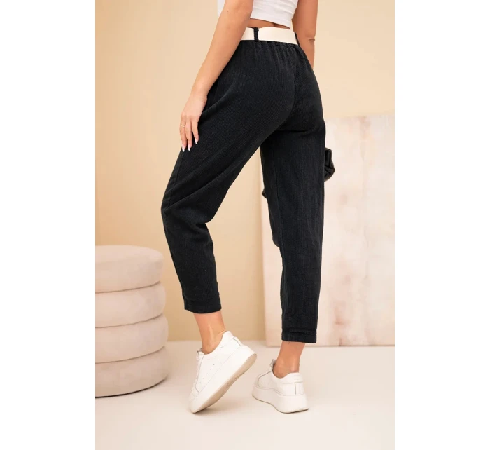 Dámske manšestrové nohavice s opaskom čierne Dámske manšestrové nohavice s opaskom čierne