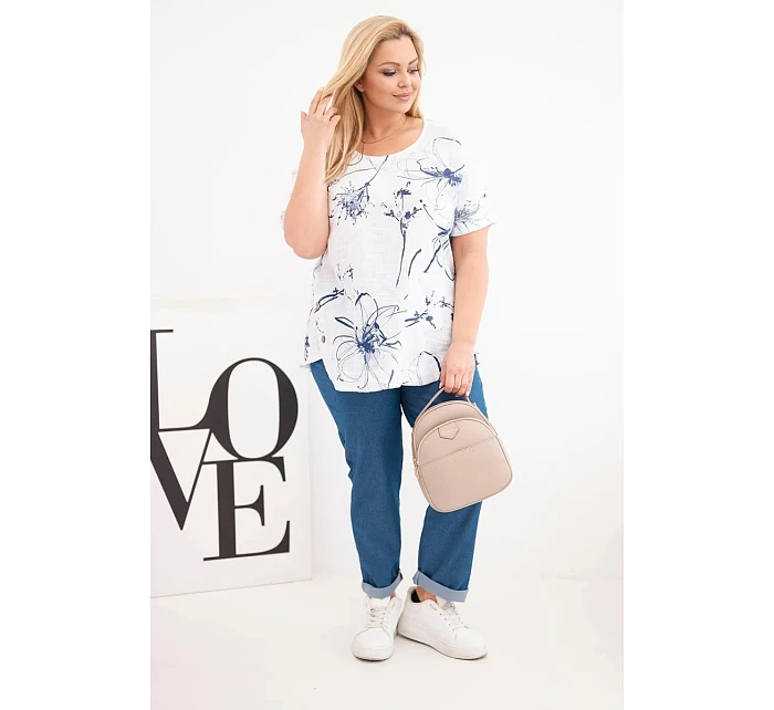 Dámská bavlněná halenka Plus Size s krátkým rukávem a kapsou bílá