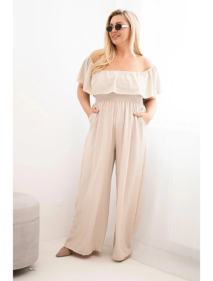 Dámske Plus veľkosť kombinéza s volánom a krátkymi rukávmi béžová