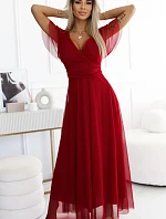 562-2 NASTIA Dlhé šaty s hlbokým výstrihom a krátkymi rukávmi - Bordeaux