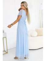 dlouhé třpytivé šaty s výstřihem a krátkými rukávy modré model 22017314 - numoco basic