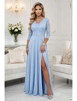 model 22040386 AMBER elegantní dlouhé krajkové šaty s výstřihem modré - numoco model 22040386 AMBER elegantní dlouhé krajkové šaty s výstřihem modré - numoco