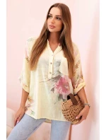 Dámska bavlnená blúzka s kvetinovým vzorom a gombíkmi žltá