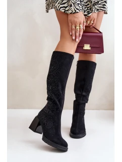 Zdobione Kozaki Damskie Przed Kolano Ocieplane Na Słupku MR880-158 Czarne