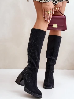 Zdobené dámské kozačky nad kolena zateplené na podpatku černé model 21671858 - S.Barski