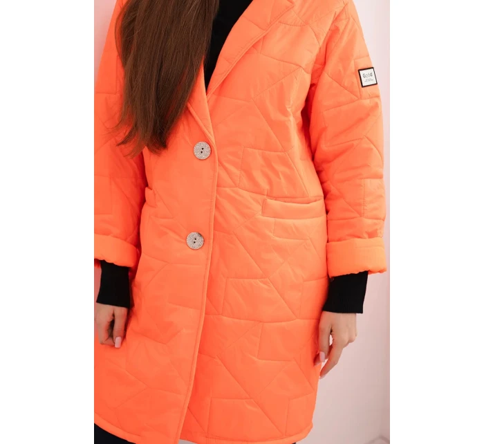 Dámske Plus veľkosť prešívaná bunda s ozdobnými gombíkmi a golierom Neon Orange Dámske Plus veľkosť prešívaná bunda s ozdobnými gombíkmi a golierom Neon Orange