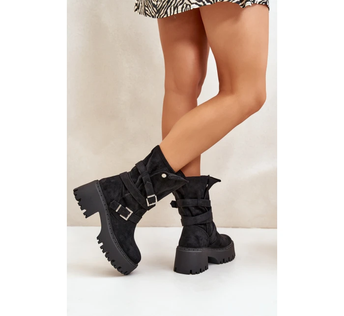 Botki Damskie Na Masywnym Obcasie Z Klamrami I Paskiem Czarne Nerelisa Botki Damskie Na Masywnym Obcasie Z Klamrami I Paskiem Czarne Nerelisa