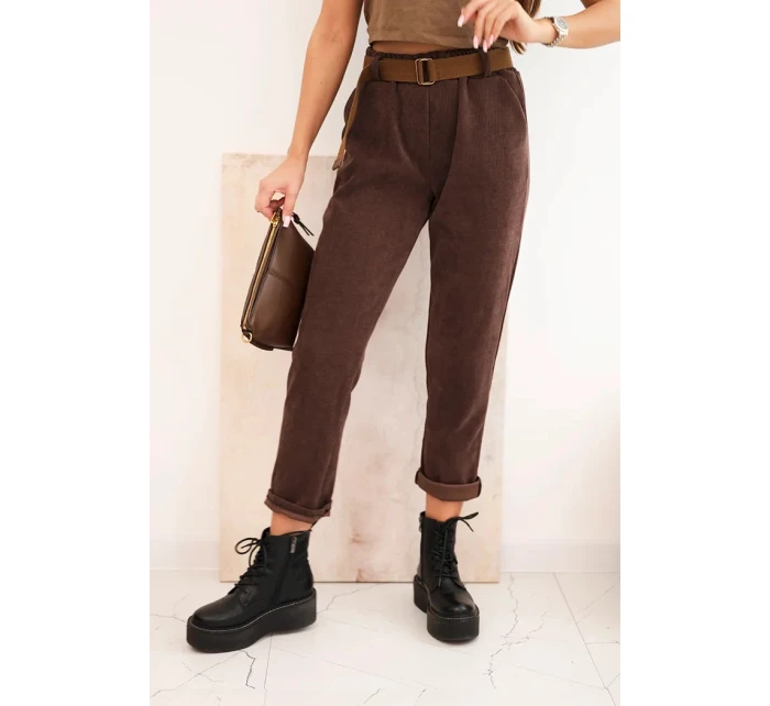 Dámské kalhoty s páskem pruhované hnědé