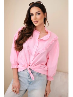 Dámske bavlnené tričko s čipkou a kravatami candy pink