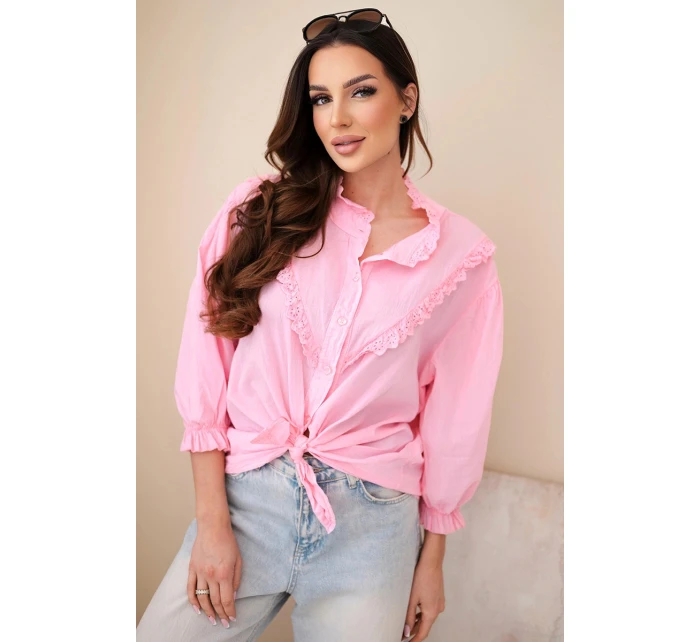 Dámske bavlnené tričko s čipkou a kravatami candy pink
