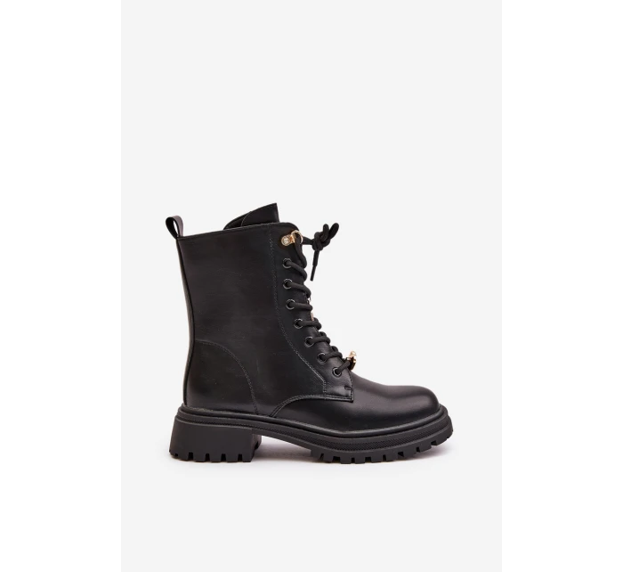 Eko Skórzane Botki Workery Damskie Z Przypinkami Czarne Rianael Eko Skórzane Botki Workery Damskie Z Przypinkami Czarne Rianael