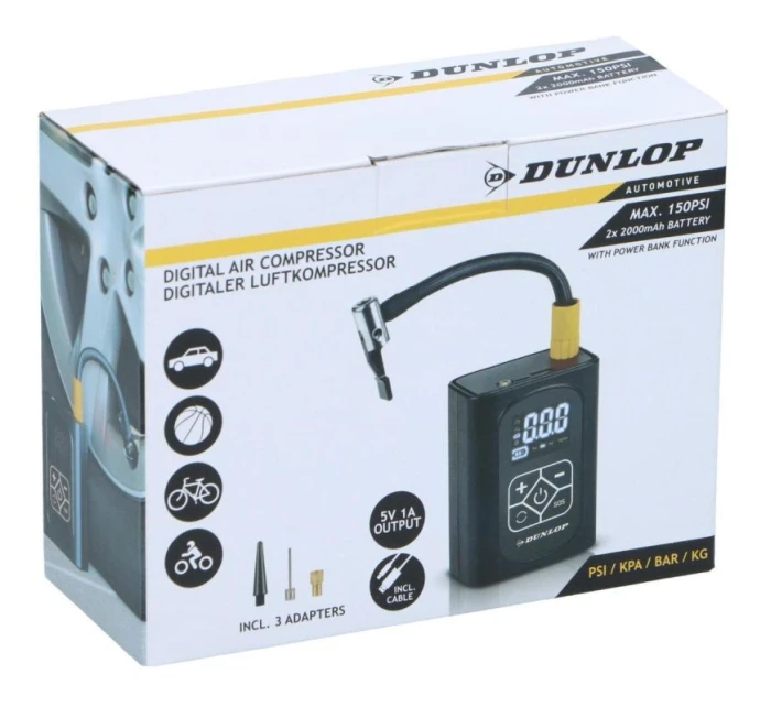 KOMPRESOR DO AUTA DUNLOP 150 PSI DIGITÁLNY KOMPRESOR S FUNKCIOU POWERBANK