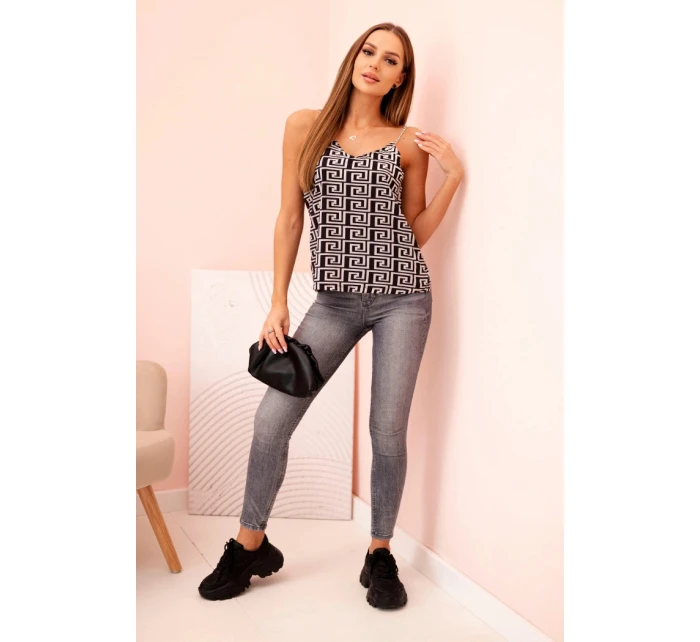 Dámsky top s ramienkami, reťazou a geometrickým vzorom béžová + čierna Dámsky top s ramienkami, reťazou a geometrickým vzorom béžová + čierna