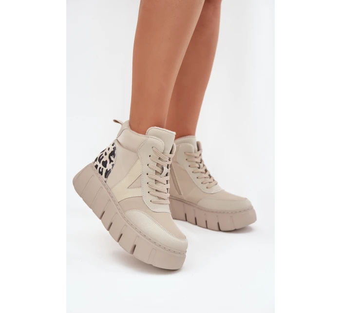Skórzane Botki Damskie Na Platformie Ocieplane Vinceza 66838 Beżowe