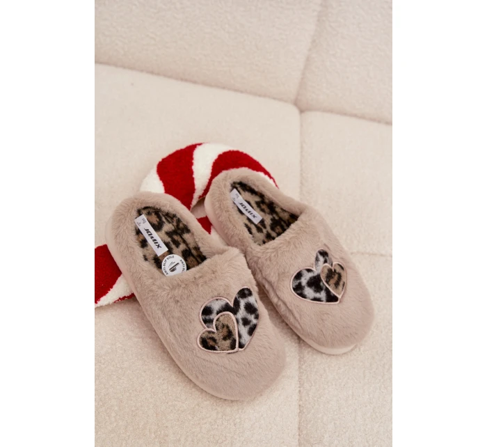 Kožešinové pantofle se srdíčky béžové Amandra