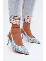 Ozdobené dámské sandály na jehlovém podpatku s květinovým vzorem modré Olivelle
