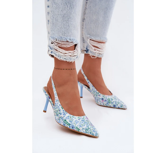 Ozdobené dámské sandály na jehlovém podpatku s květinovým vzorem modré Olivelle