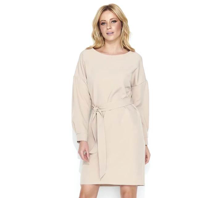 Dámské elegantní šaty s páskem středně dlouhé béžové - Béžová - Makadamia