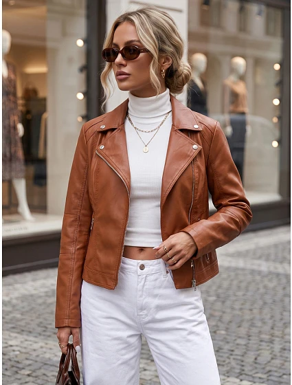 Dámska bunda v štýle Ramones z ekologickej kože, hnedá, FashionStreet TY5731 Dámska bunda v štýle Ramones z ekologickej kože, hnedá, FashionStreet TY5731