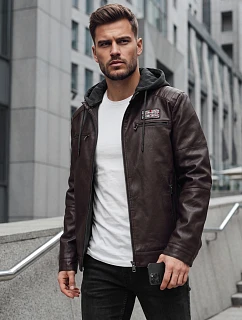 Kurtka męska z ekoskóry ocieplana z kapturem brązowa model 22542436 - FashionStreet
