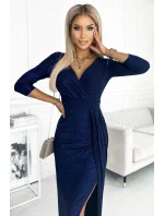 404-2 Dlhé trblietavé šaty s výstrihom a rozparkom na nohách - GRANITE s trblietkami